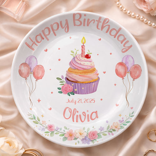 Cupcake with Balloons and Floral Personalized Birthday Plate D319DJS0