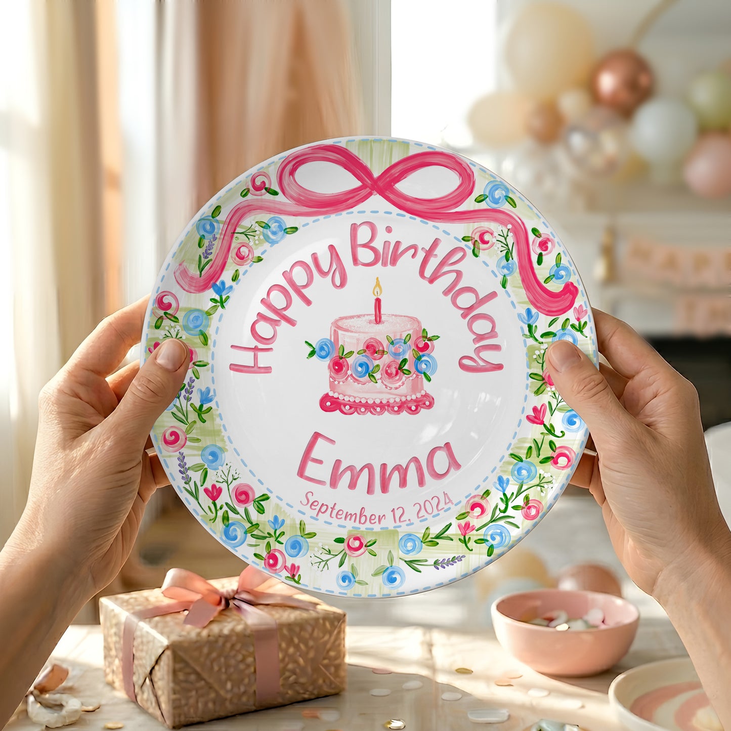 Floral Wreath with Pink Bow Personalized Birthday Plate P410DXJ0