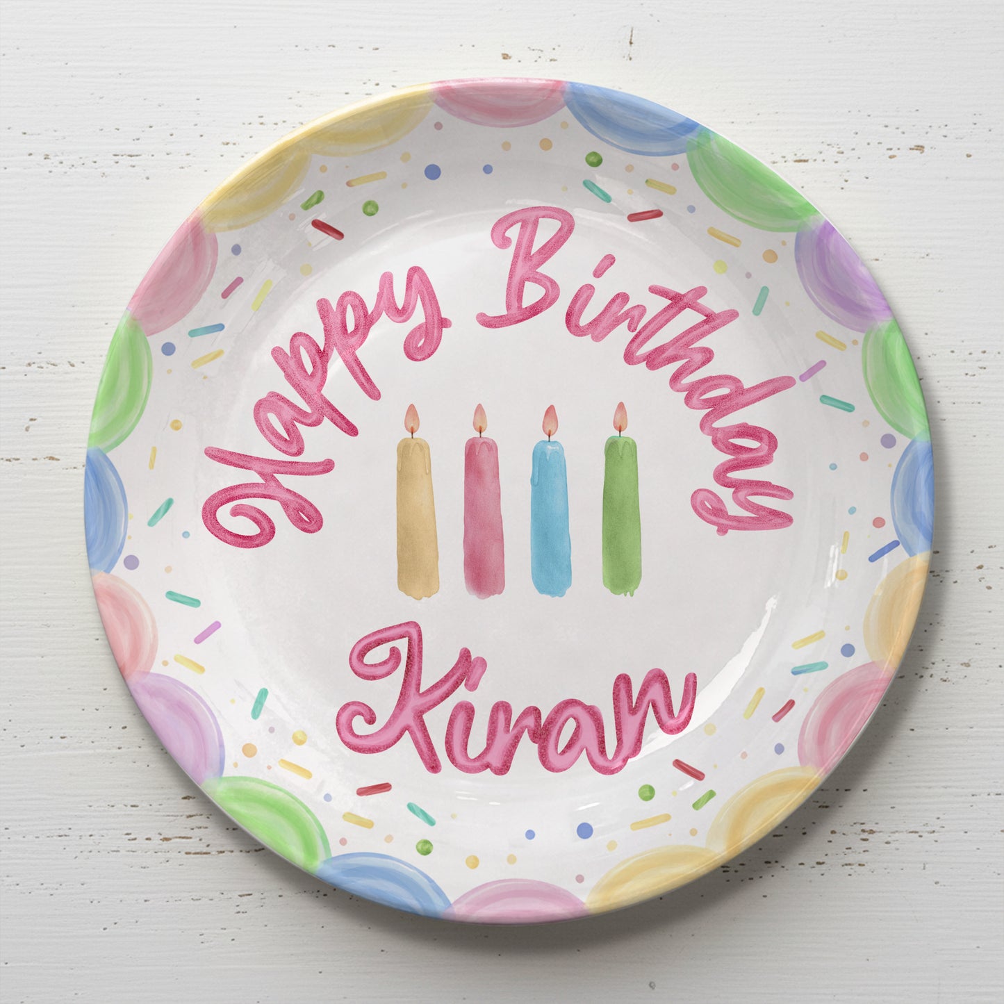 Pastel Candles and Rainbow Border Personalized Birthday Plate P225FQF0