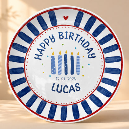 Blue Striped Birthday Candles Personalized Birthday Plate P626KF7TT