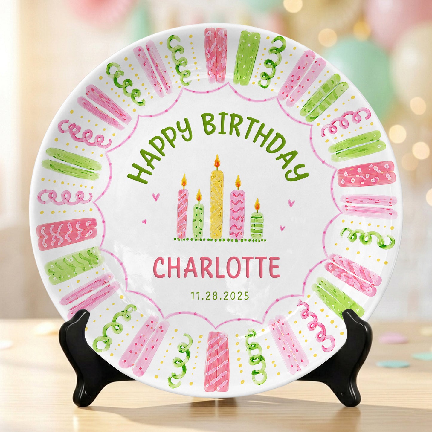 Colorful Pink Green Candle Design Personalized Birthday Plate for Kids P814XTQ0