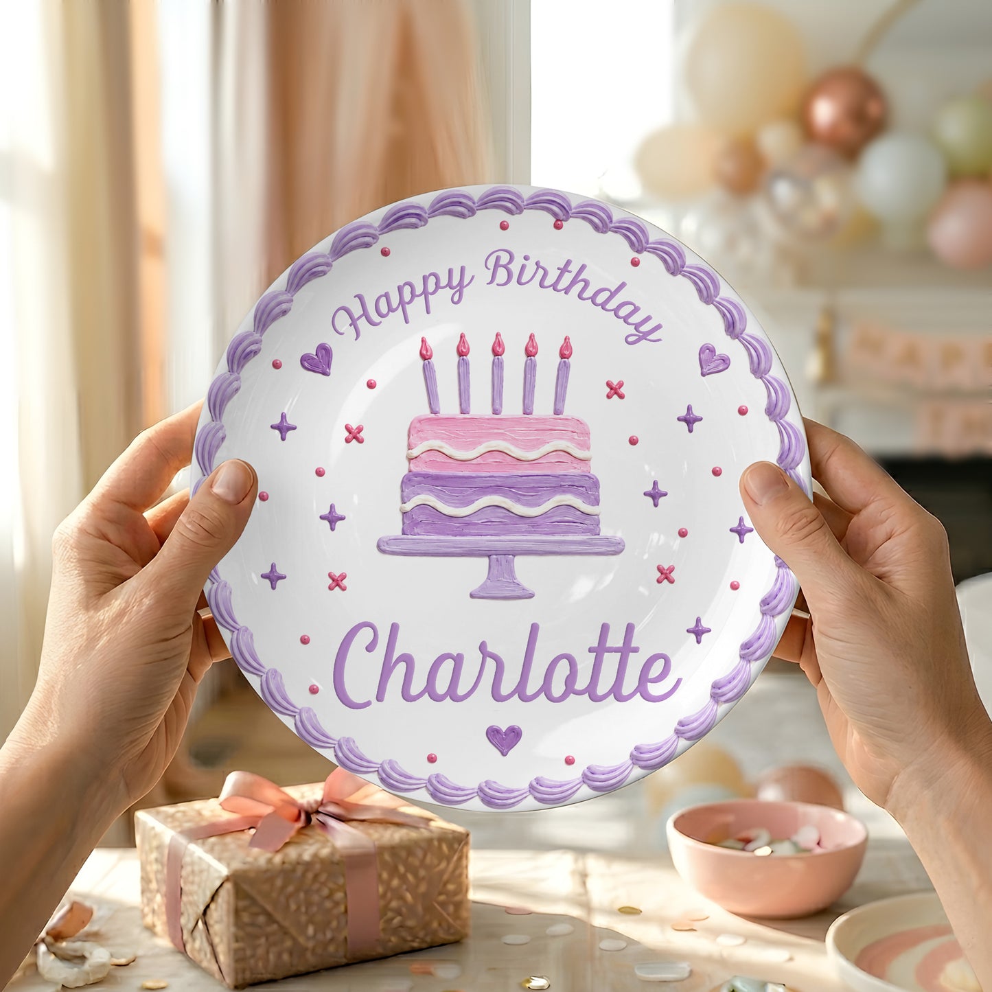 Lavender Scallop Cake Personalized Birthday Plate for Girls P327AW10