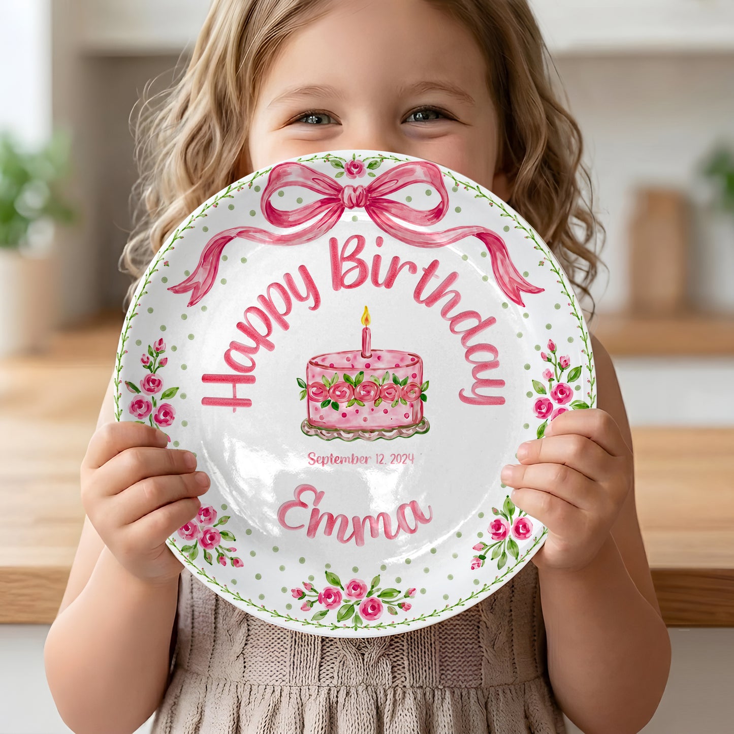 Pink Bow Rose Cake Personalized Birthday Plate P520QZN0