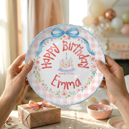 Blue Bow Gingham Floral Personalized Birthday Plate P561Y10