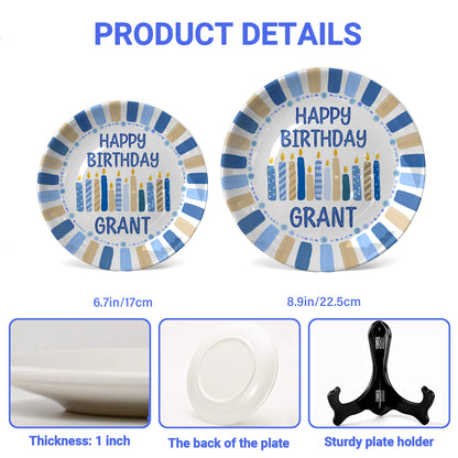 Blue and Tan Striped Border with Birthday Candles Personalized Birthday Plate D49EZG0