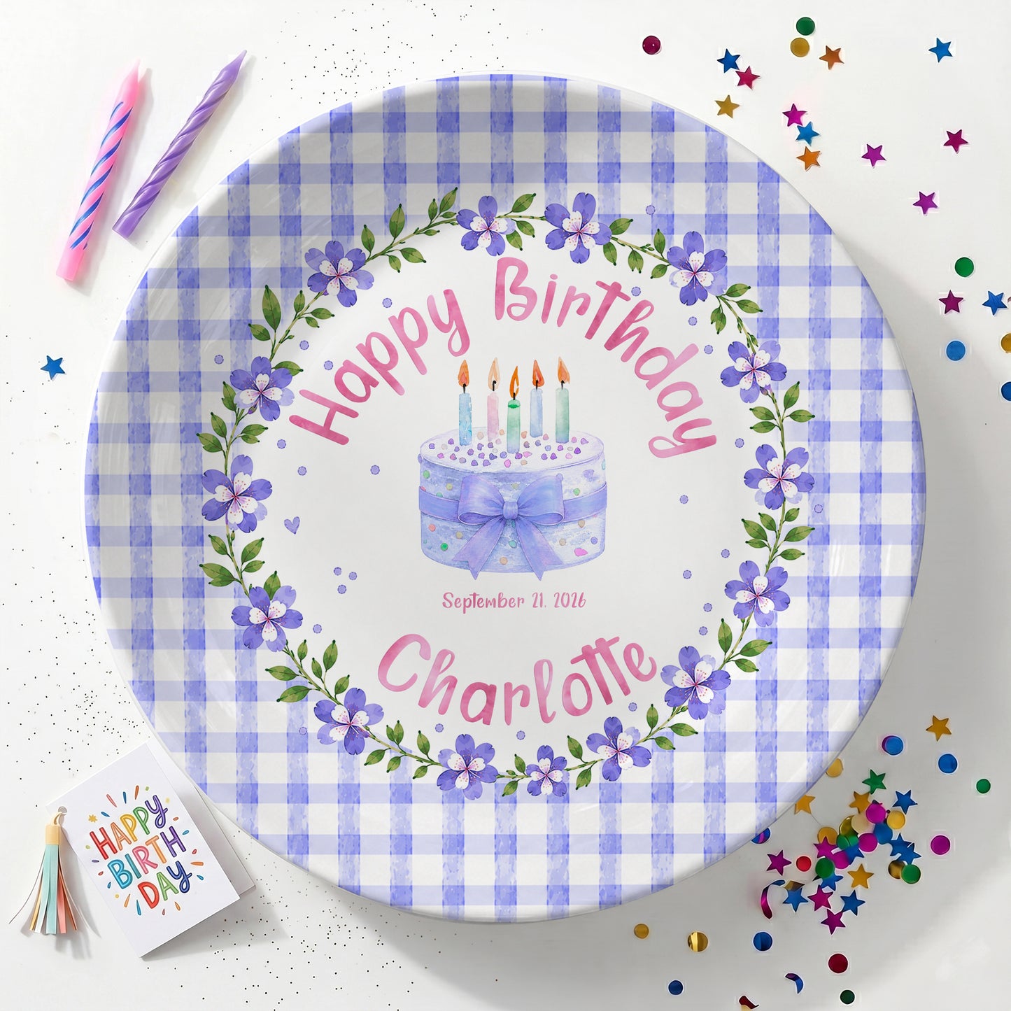 Purple Gingham Border with Floral Wreath Personalized Birthday Plate P624NIV0