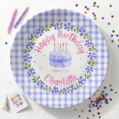Purple Gingham Border with Floral Wreath Personalized Birthday Plate P624NIV0