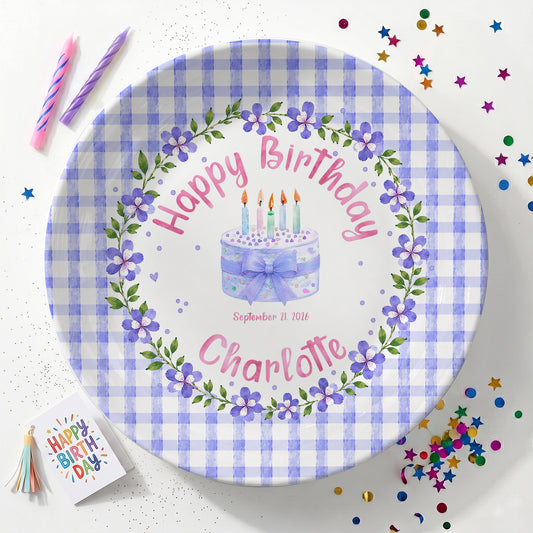 Purple Gingham Border with Floral Wreath Personalized Birthday Plate P624NIV0
