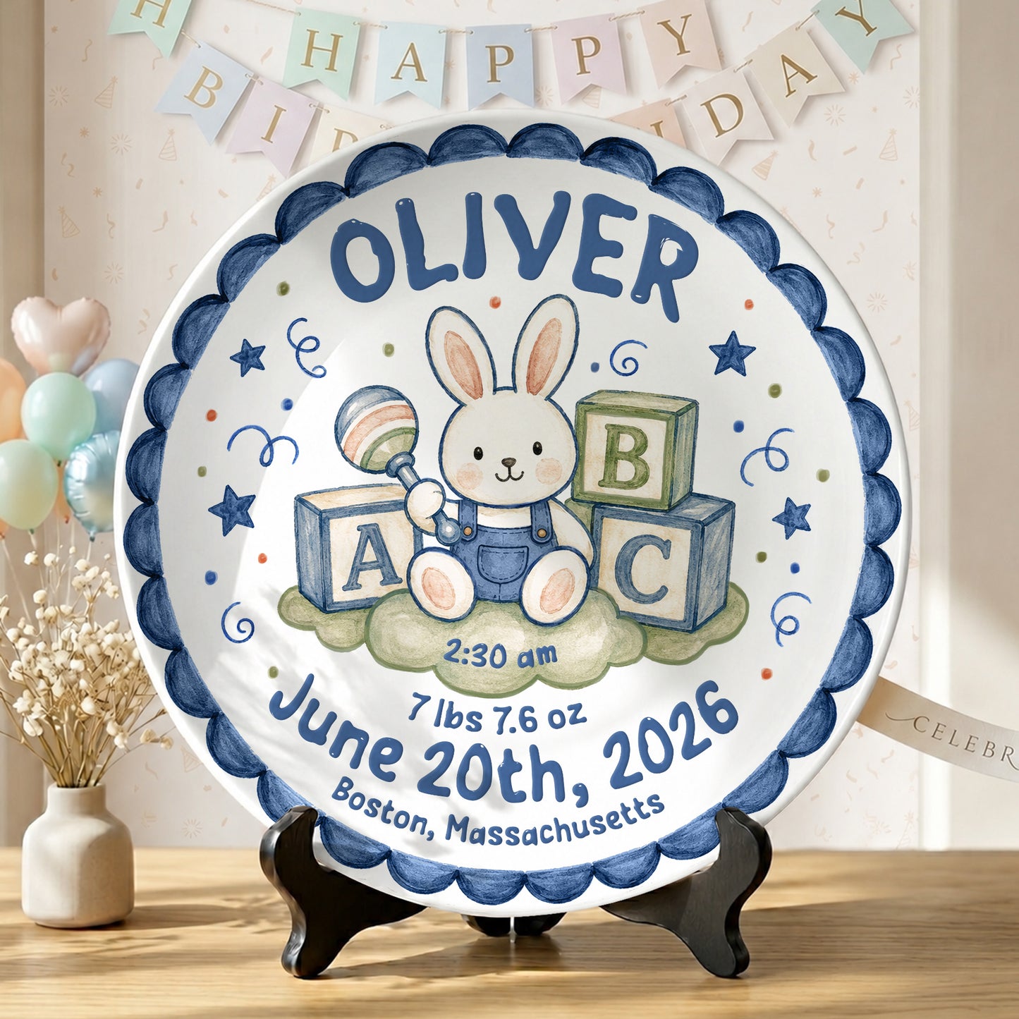 Cute Bunny Birth Stats Keepsake Personalized Birthday Plate for Baby P626ZVPTTa