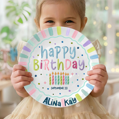 Colorful Candles and Stripes Personalized Birthday Plate D43RCW0a1