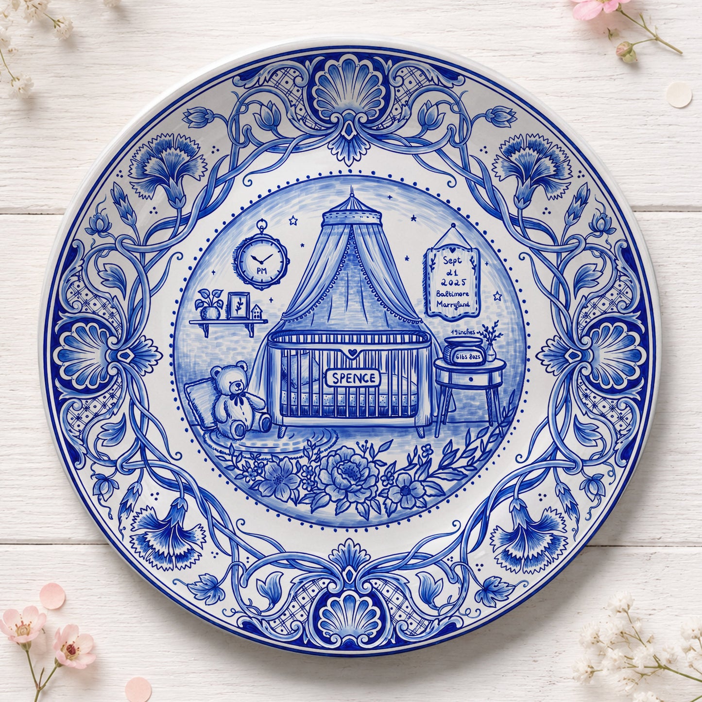 Delft Blue Newborn Birth Stats Custom Name Ceramic Personalized Birthday Plate P820OVX0