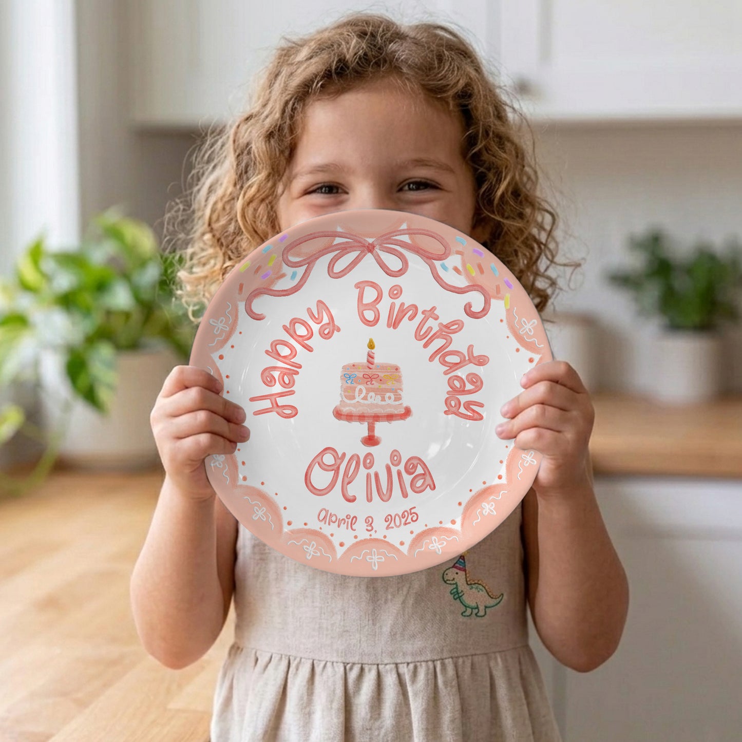 Peach Bow with Cake and Scalloped Border Personalized Birthday Plate P119S2B0