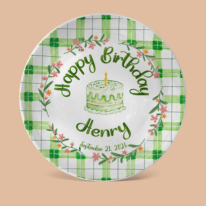 Green Gingham Daisy Birthday Keepsake Personalized Birthday Plate P627TBG0