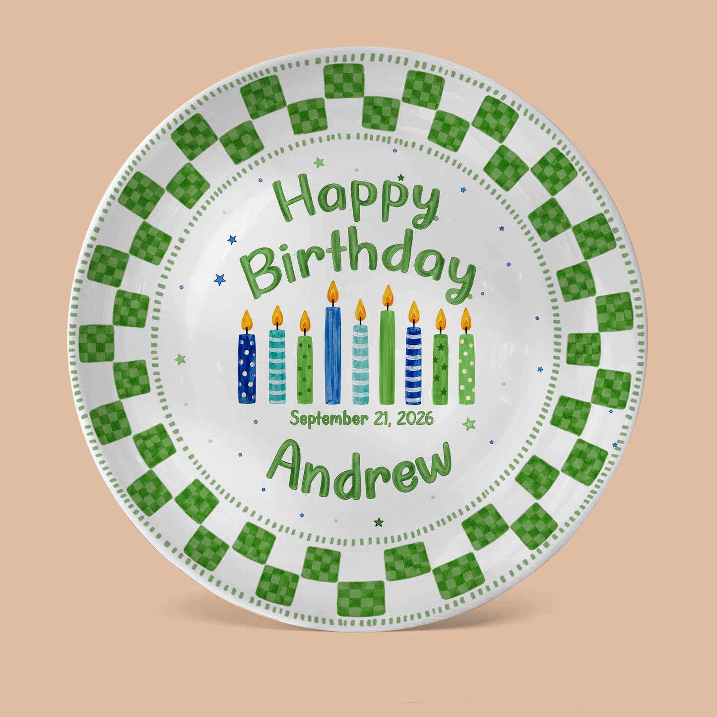 Green Checker Birthday Candles Keepsake Personalized Birthday Plate D78C8H0