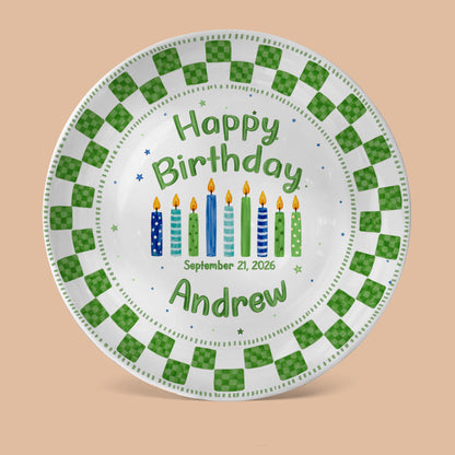 Green Checker Birthday Candles Keepsake Personalized Birthday Plate D78C8H0