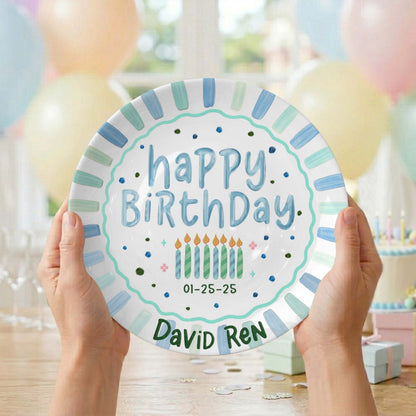 Blue Green Candles and Striped Border Personalized Birthday Plate P1024AQC0#2
