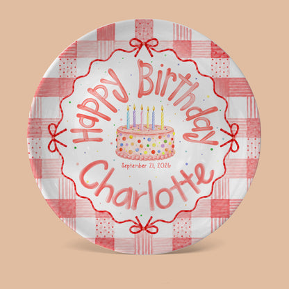 Pink Gingham Bow Birthday Keepsake Personalized Birthday Plate for Girls P627UVB0