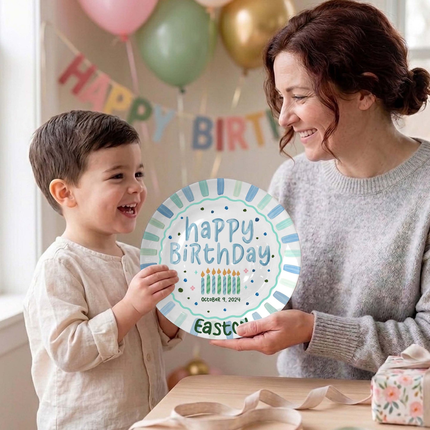 Blue Green Candles and Striped Border Personalized Birthday Plate P1024AQC0#2