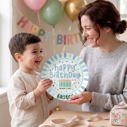 Blue Green Candles and Striped Border Personalized Birthday Plate P1024AQC0#2