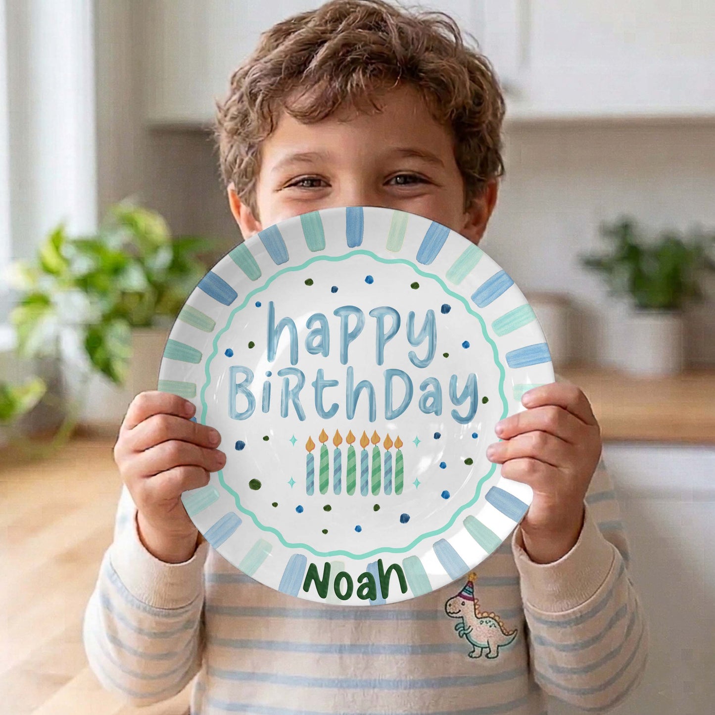 Blue Green Candles and Striped Border Personalized Birthday Plate P1024AQC0#2