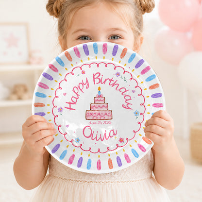 Colorful Candle Border with Tiered Birthday Cake Personalized Birthday Plate D69OJI0