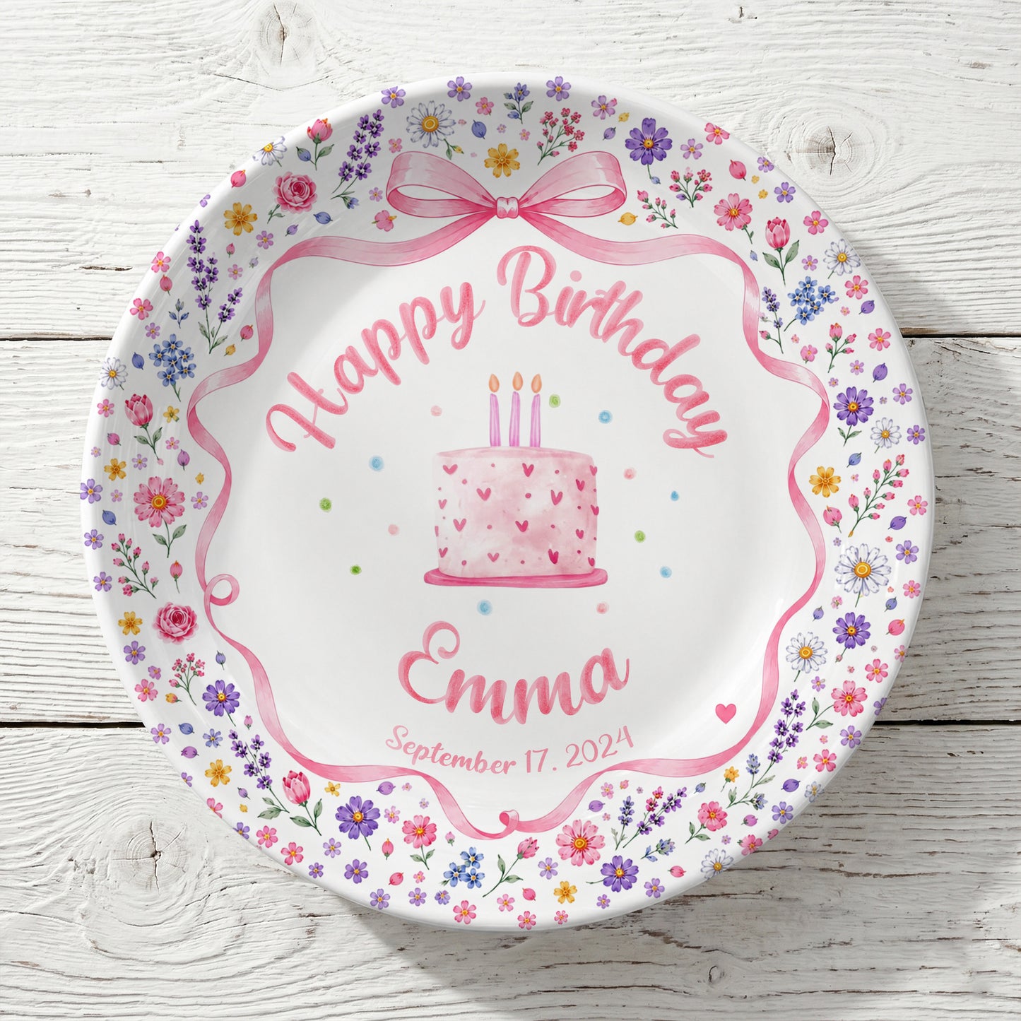 Pink Bow Floral Cake Personalized Birthday Plate P624WCW0