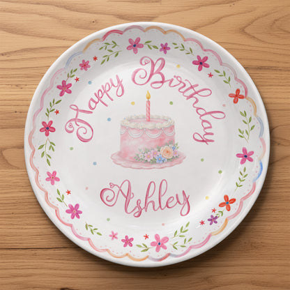 Pink Floral Scallop Personalized Birthday Plate P226GZM0