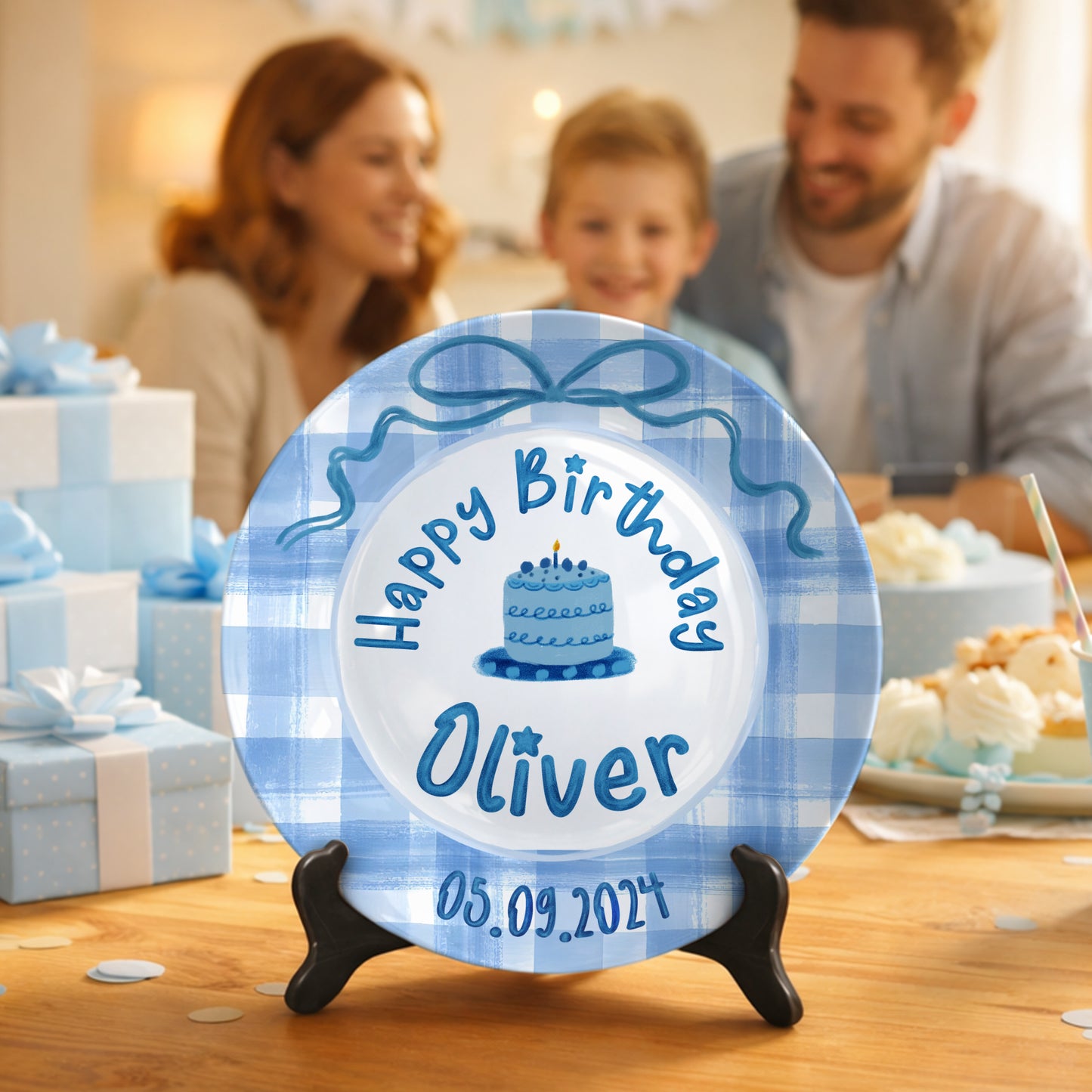 Blue Gingham Bow Personalized Birthday Plate P41V3P0