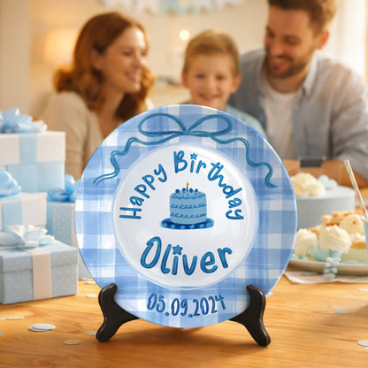 Blue Gingham Bow Personalized Birthday Plate P41V3P0