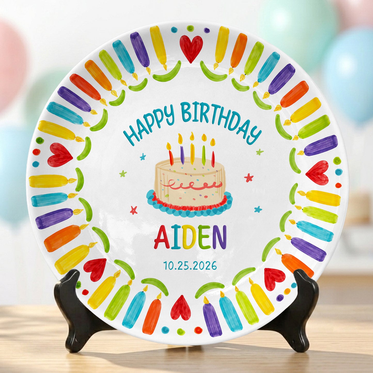 Colorful Candle Kids Birthday Keepsake Custom Name Date Personalized Birthday Plate P8140WR0