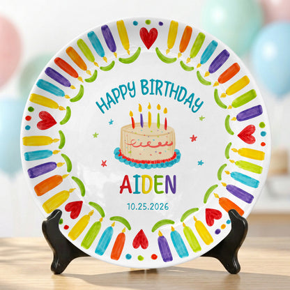 Colorful Candle Kids Birthday Keepsake Custom Name Date Personalized Birthday Plate P8140WR0