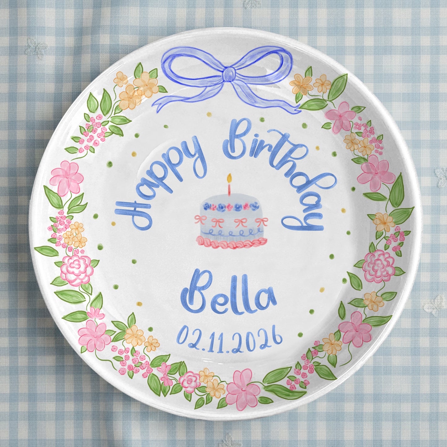 Blue Bow Flower Border Personalized Birthday Plate P311I7Y0