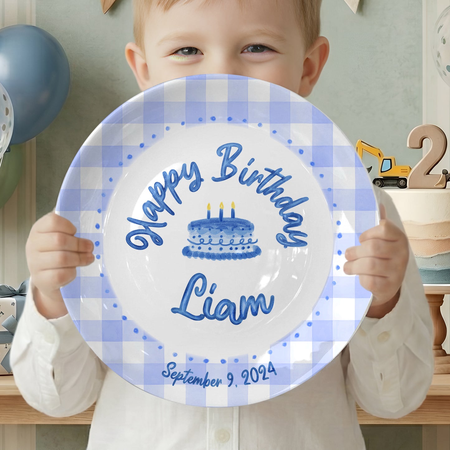 Blue Gingham Border with Blue Birthday Cake Personalized Birthday Plate P415SDU0