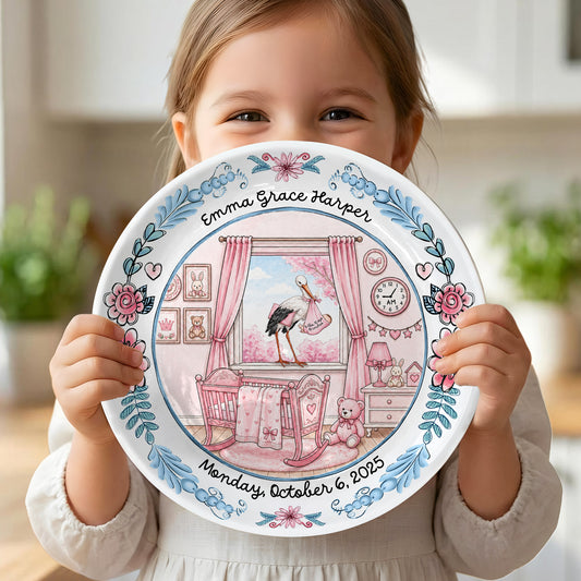 Pink Nursery Room with Stork and Floral Border Personalized Birthday Plate P518MN50