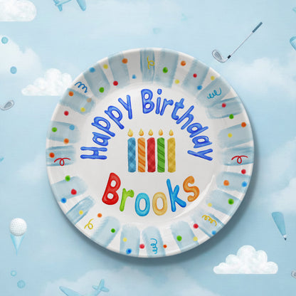 Colorful Candles with Blue Confetti Border Personalized Birthday Plate P23GWI0