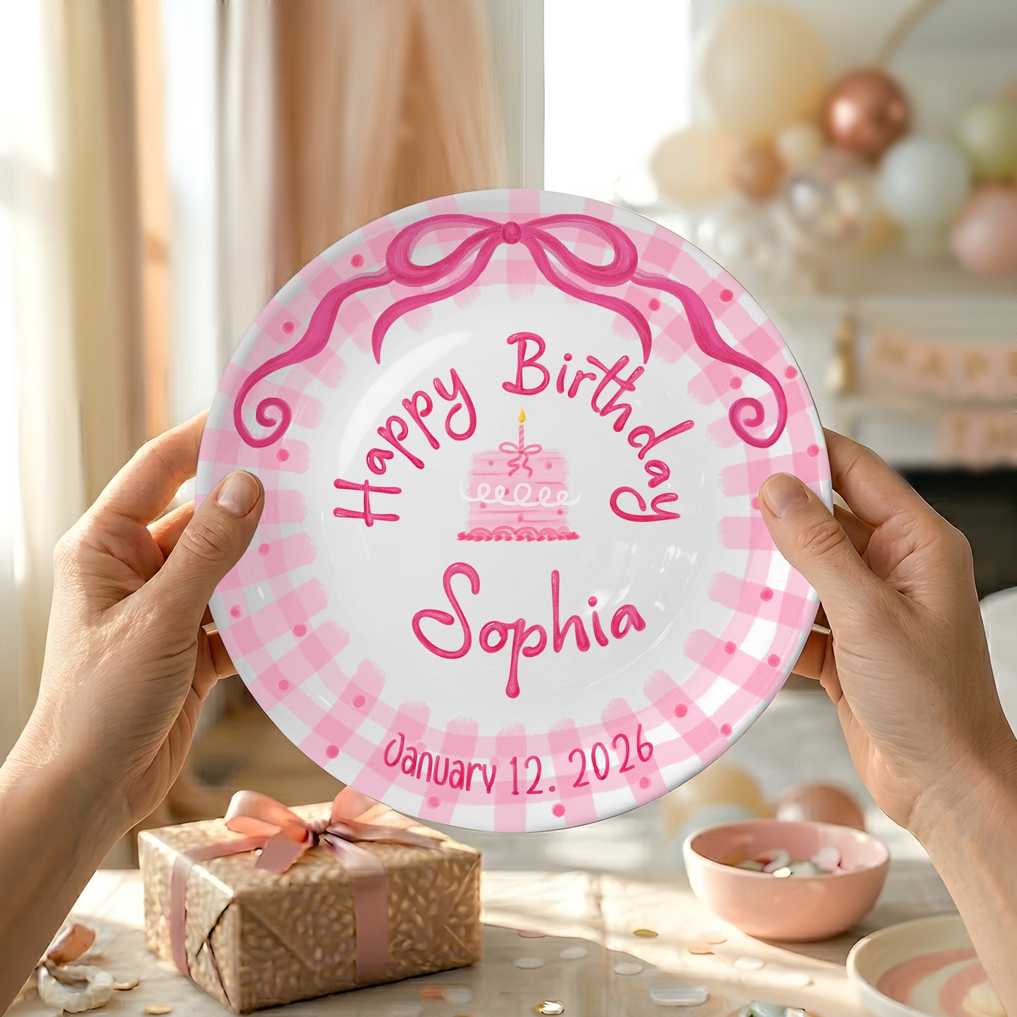 Pink Bow and Pink Gingham Birthday Cake Personalized Birthday Plate P5220BP0