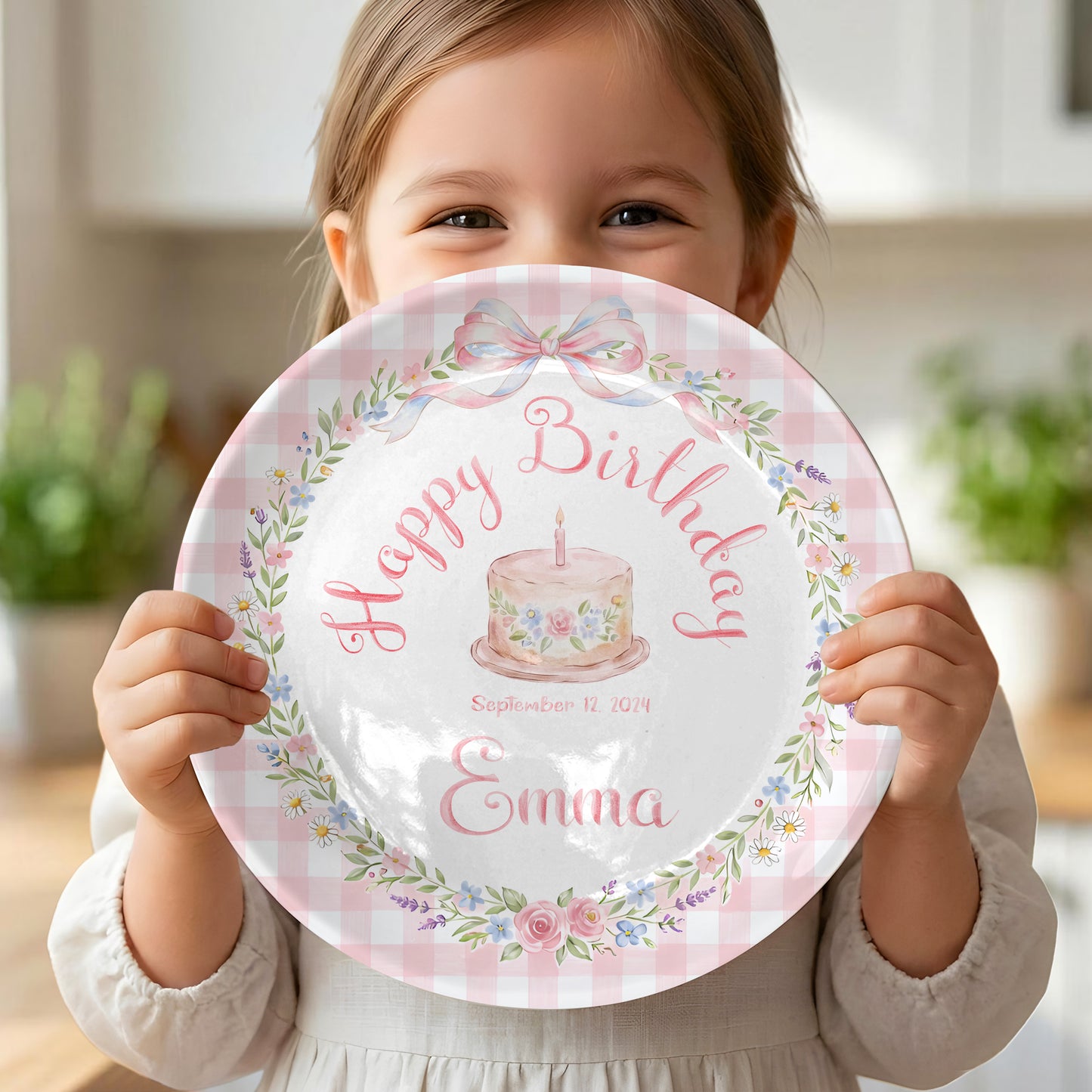 Pink Gingham Bow and Floral Wreath Cake Personalized Birthday Plate P415RRC0