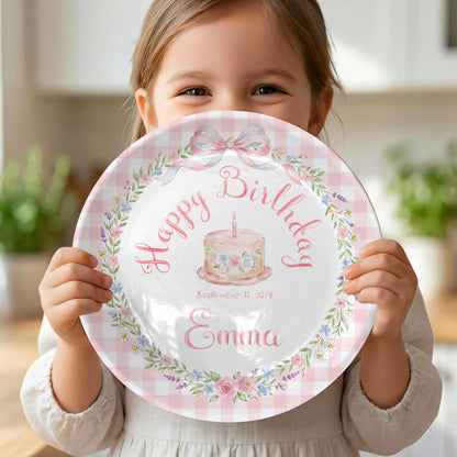 Pink Gingham Bow and Floral Wreath Cake Personalized Birthday Plate P415RRC0