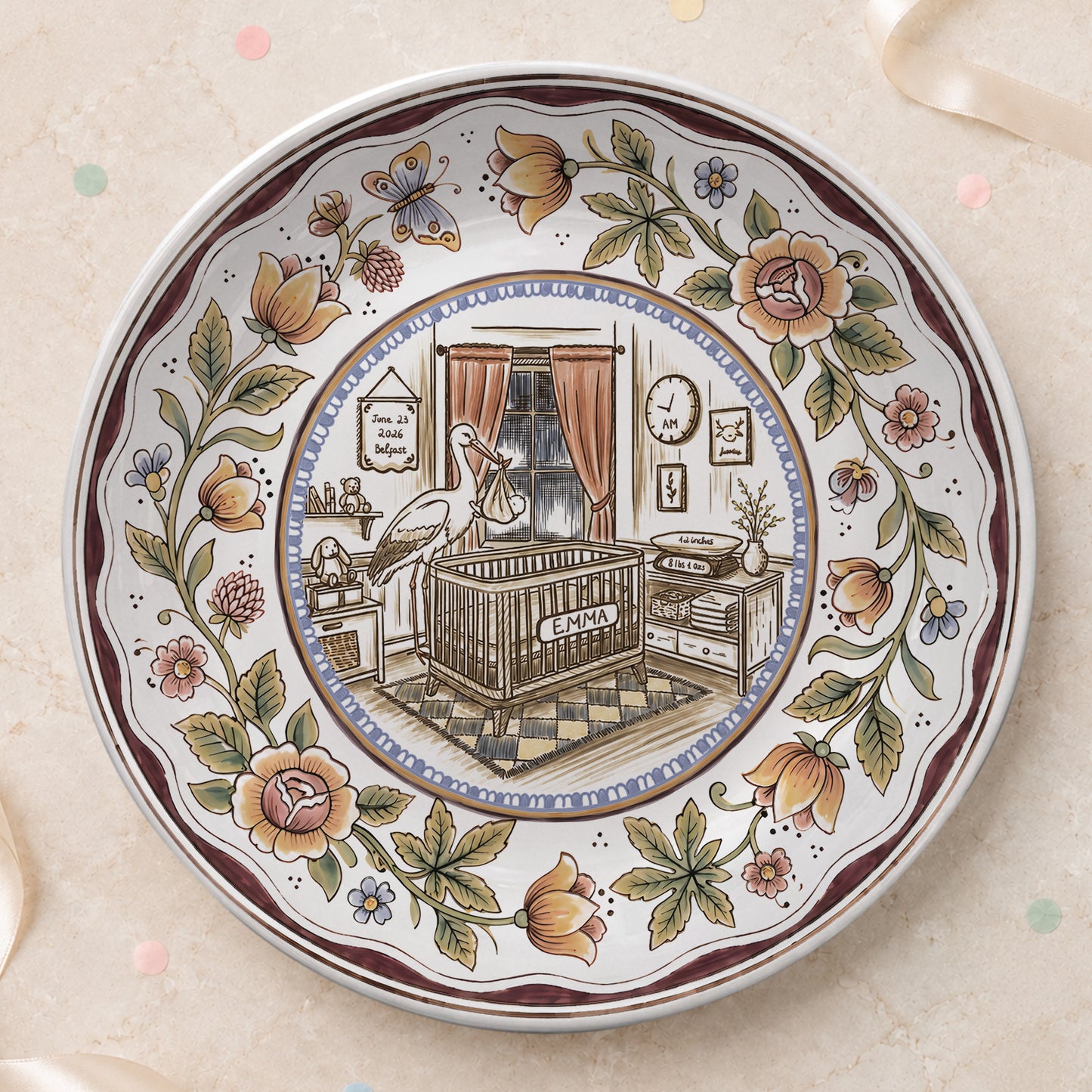 Floral Goose Baby Birth Stats Custom Ceramic Personalized Birthday Plate P825ZLY0