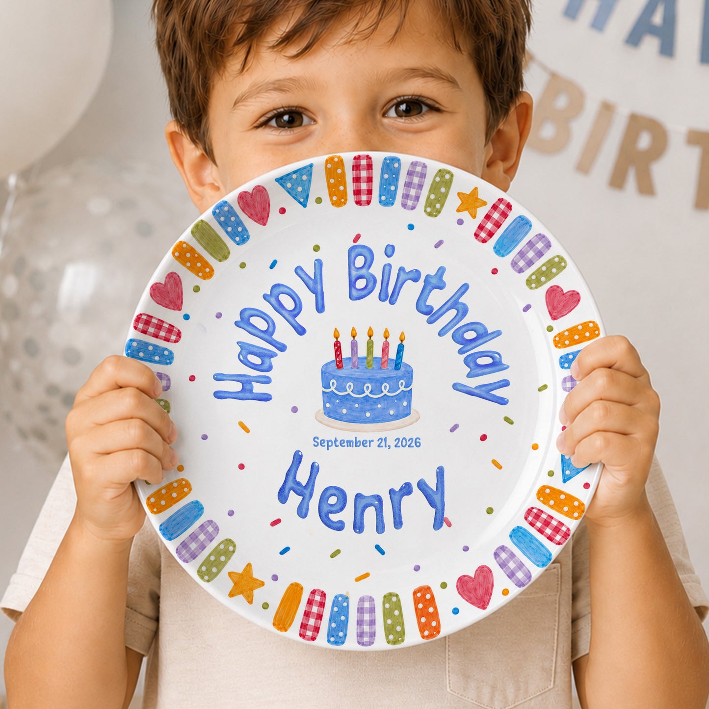 Blue Cake and Colorful Confetti Personalized Birthday Plate P6174GK0