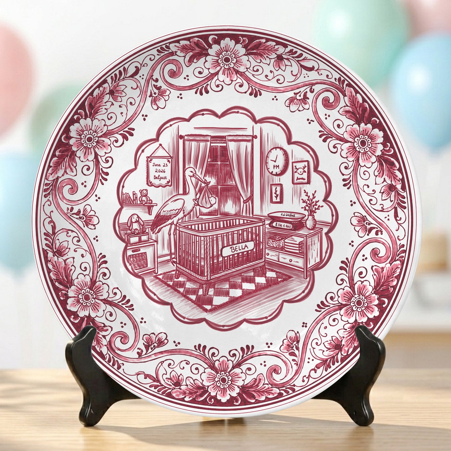 Pink Delft Newborn Birth Announcement Custom Ceramic Personalized Birthday Plate P820NIX0