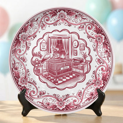 Pink Delft Newborn Birth Announcement Custom Ceramic Personalized Birthday Plate P820NIX0