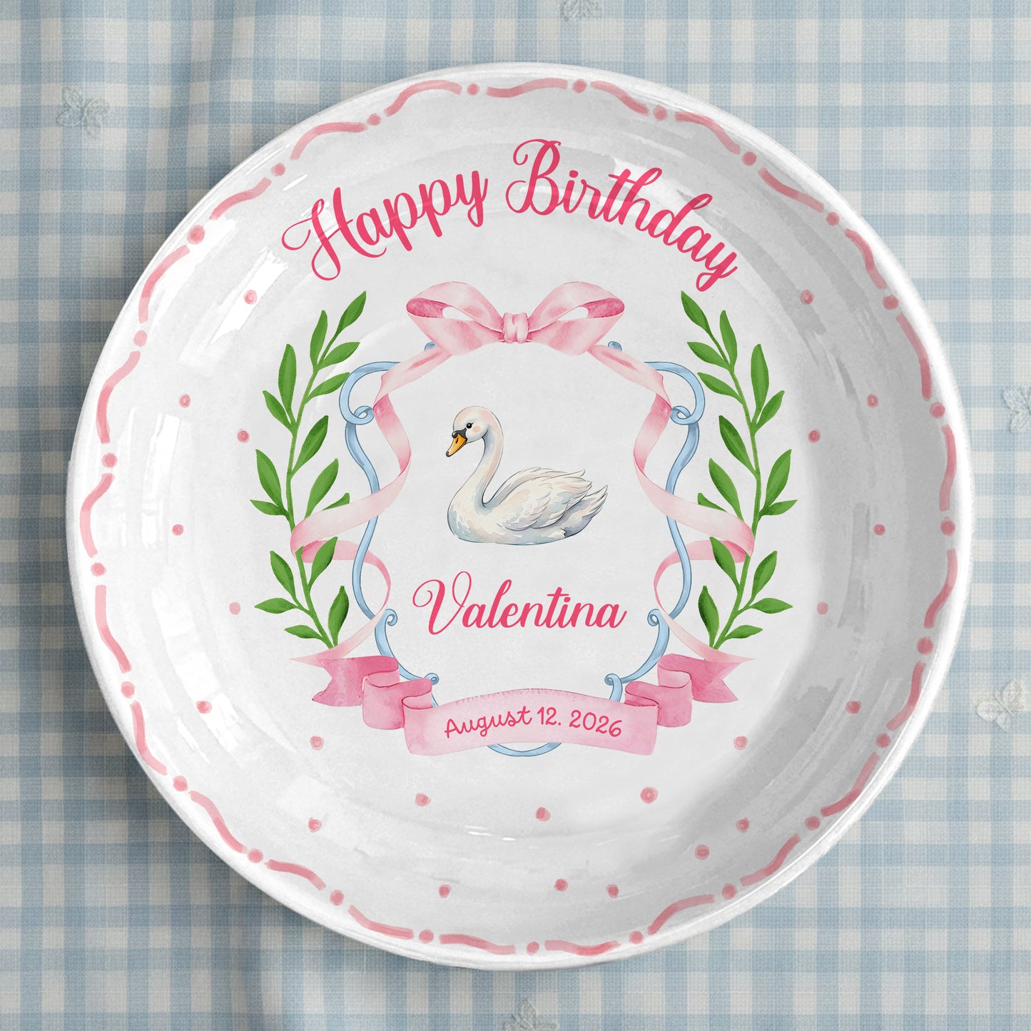 Pink Swan and Bow Personalized Birthday Plate P318OF20