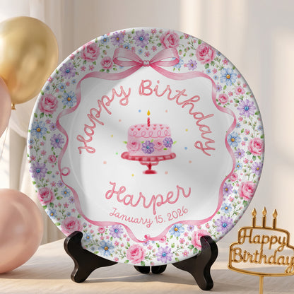 Pink Bow Floral Birthday Keepsake Personalized Birthday Plate D73RDS0
