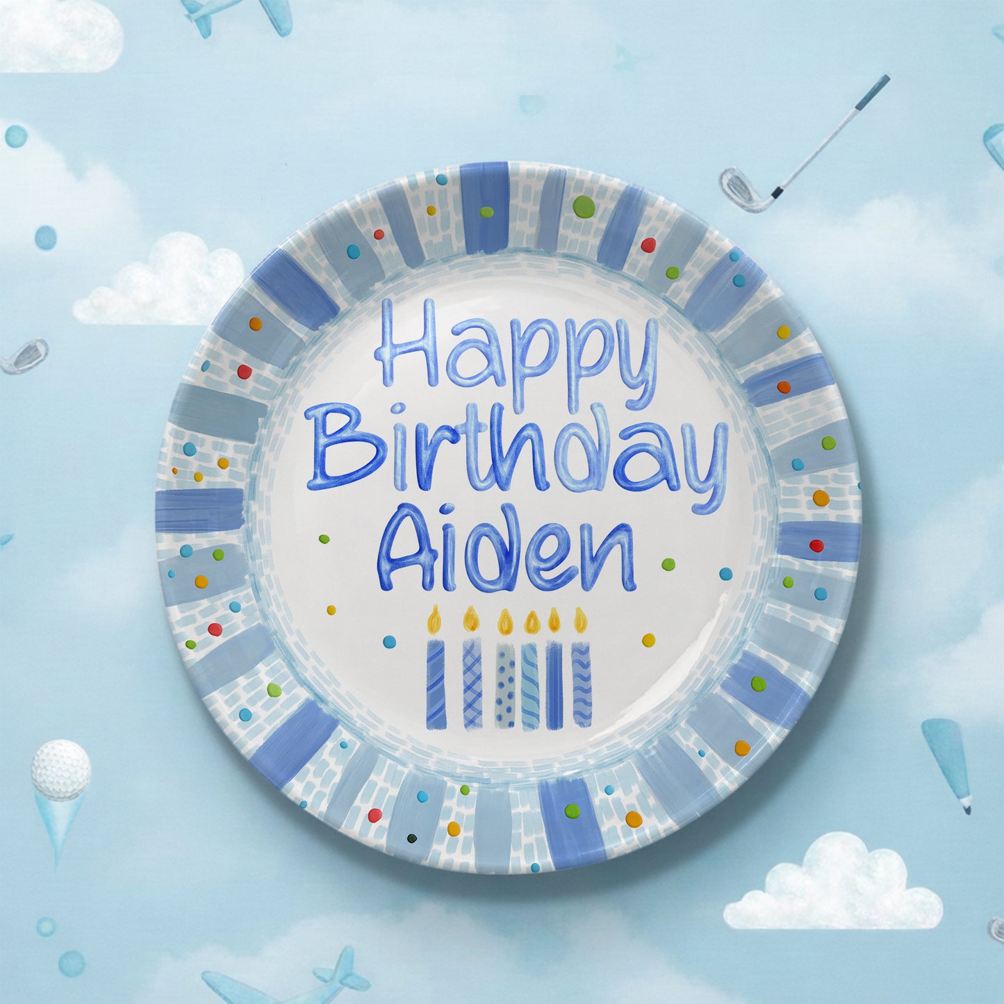 Blue Candles and Confetti Border Personalized Birthday Plate P274NR0