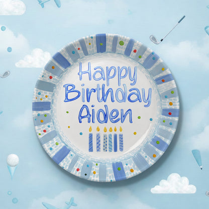Blue Candles and Confetti Border Personalized Birthday Plate P274NR0