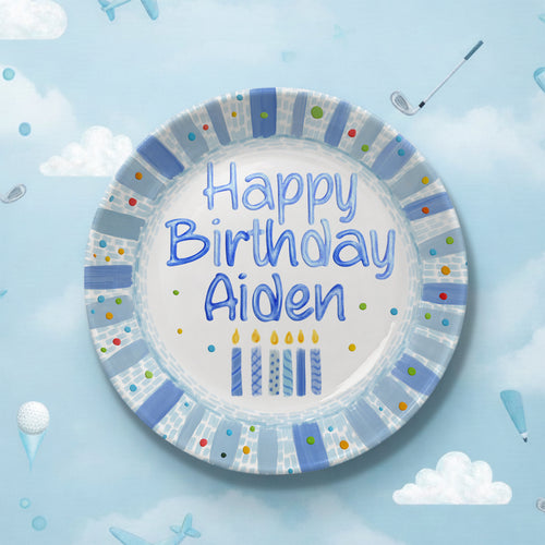Blue Candles and Confetti Border Personalized Birthday Plate P274NR0