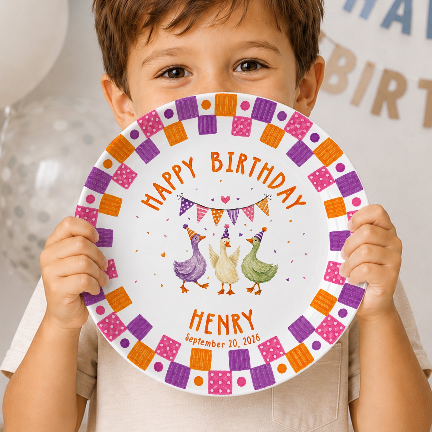Orange Purple and Pink Checker Border with Party Ducks Personalized Birthday Plate P611QZK0
