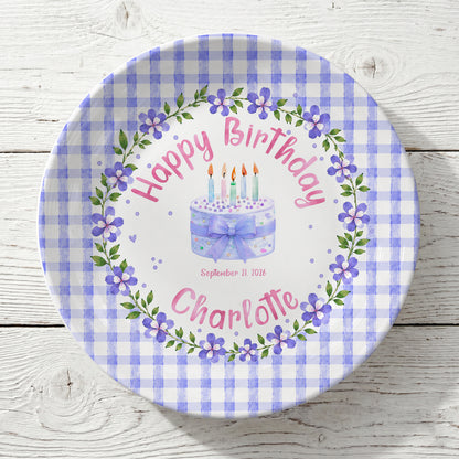 Purple Gingham Border with Floral Wreath Personalized Birthday Plate P624NIV0