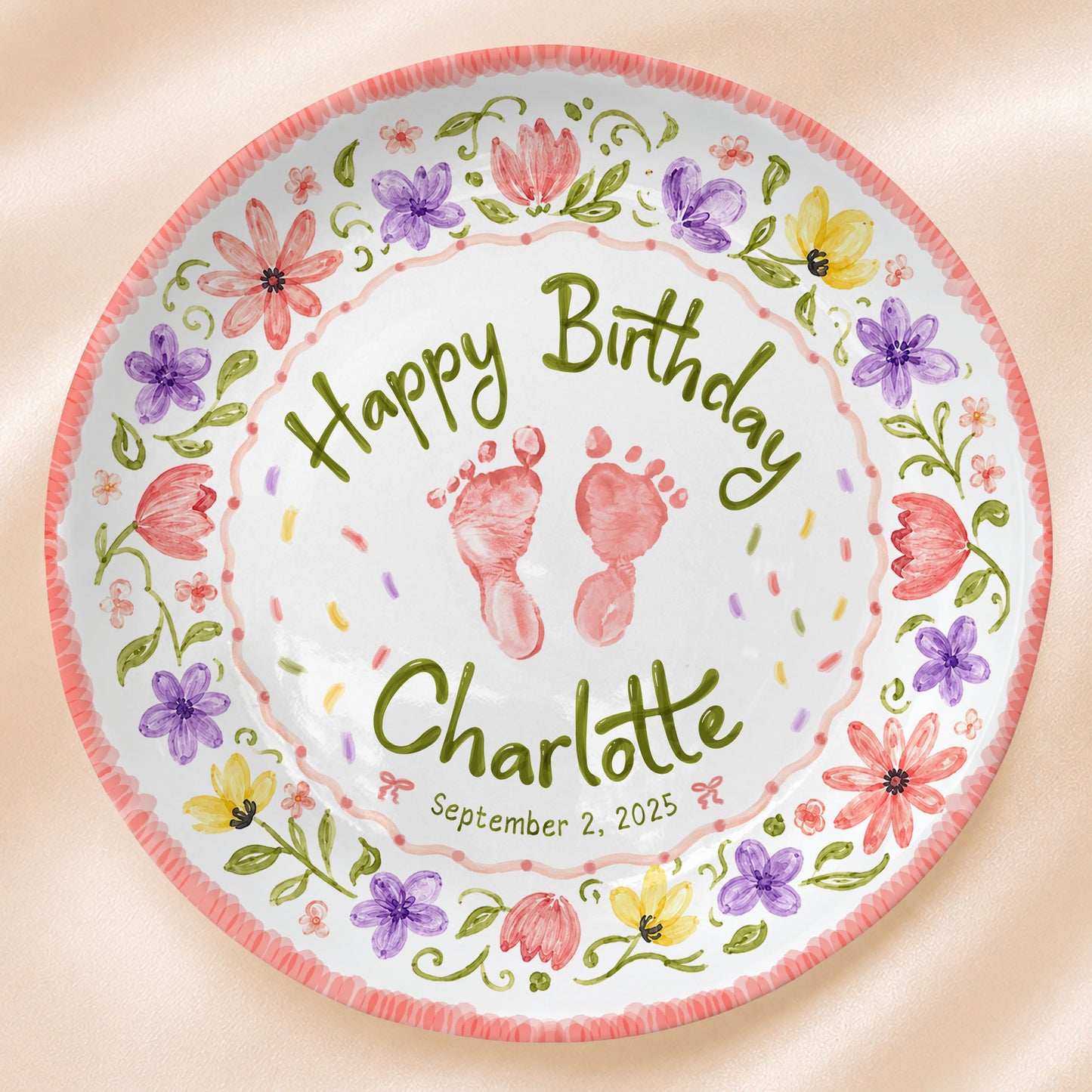 Floral Baby Footprint Personalized Birthday Plate for Girl, First Birthday Keepsake P727CV20